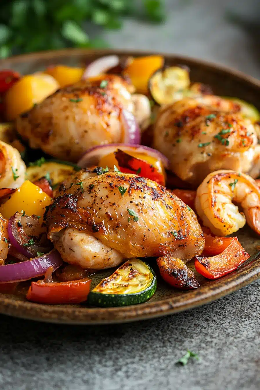 Close-up of a chicken and shrimp sheet pan meal with vegetables on a clean background.