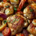 Close-up of a chicken and shrimp sheet pan meal with vegetables on a baking tray