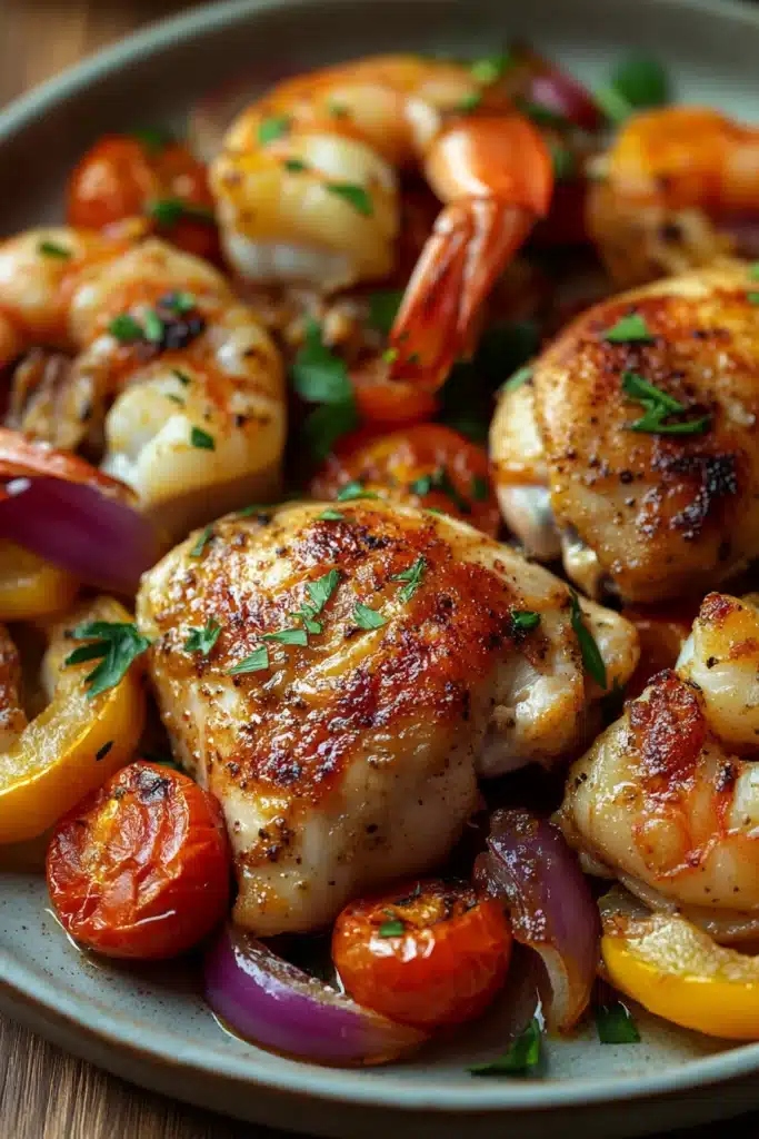 Close-up of a chicken and shrimp sheet pan meal with vegetables on a baking tray