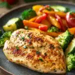 Close-up of seasoned chicken breast with colorful vegetables on a white plate
