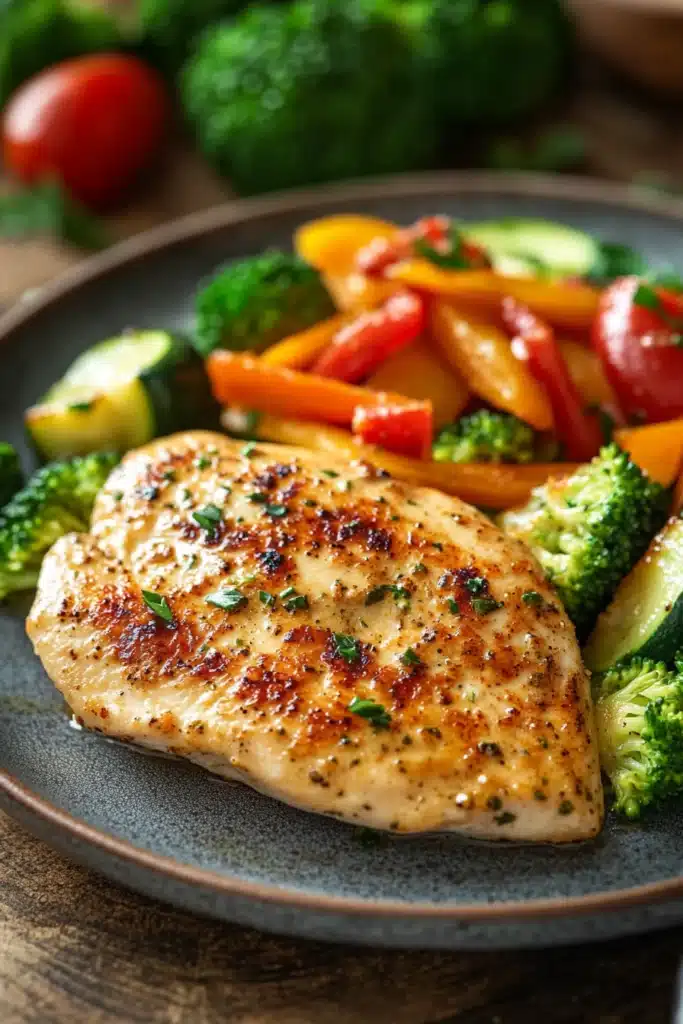 Close-up of seasoned chicken breast with colorful vegetables on a white plate