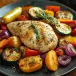 Close-up of chicken breast with colorful vegetables on a plate