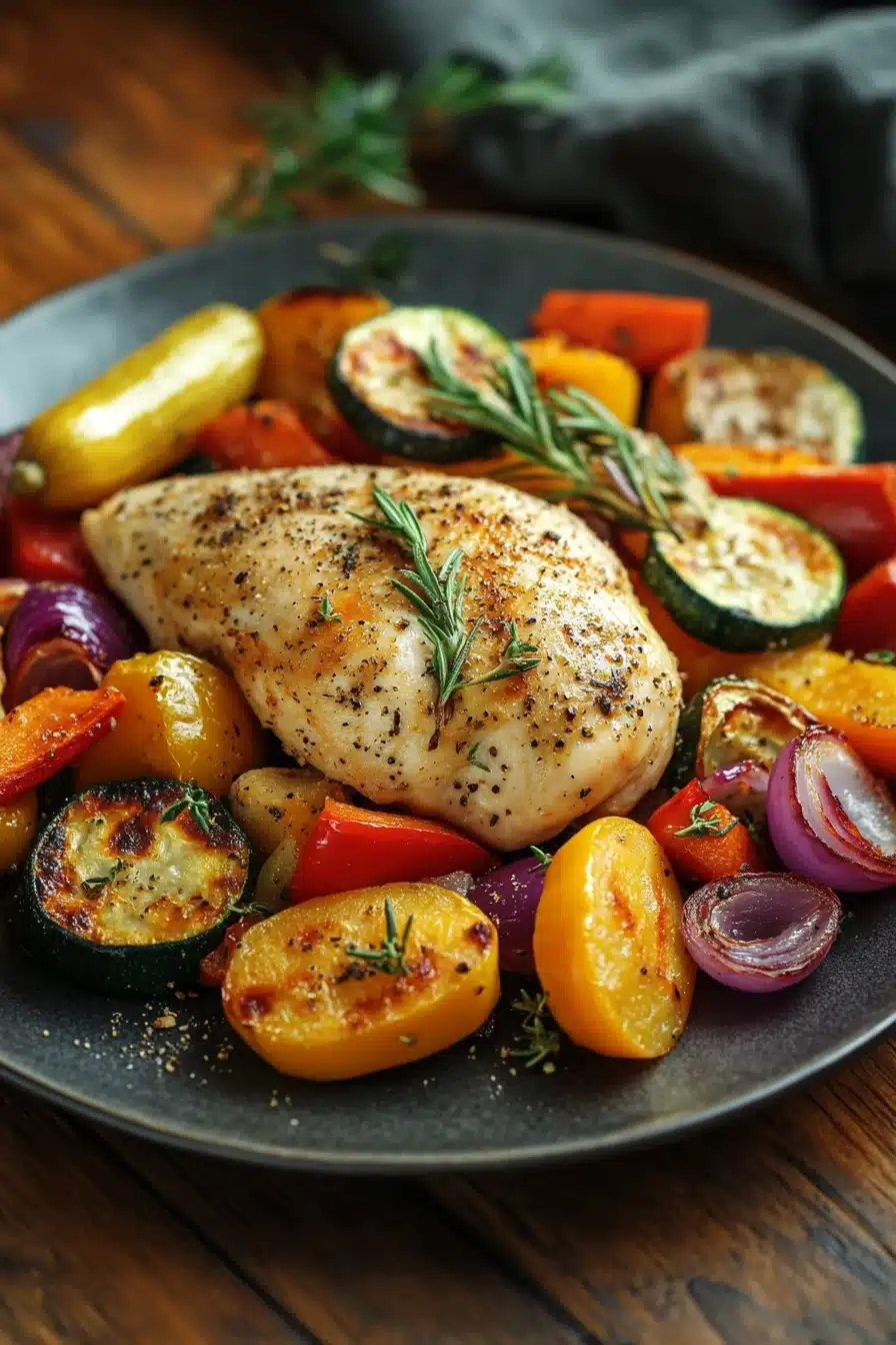 Close-up of chicken breast with colorful vegetables on a plate