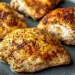 Close-up of chicken breast in a creamy sauce with herbs, perfect for crockpot cooking.