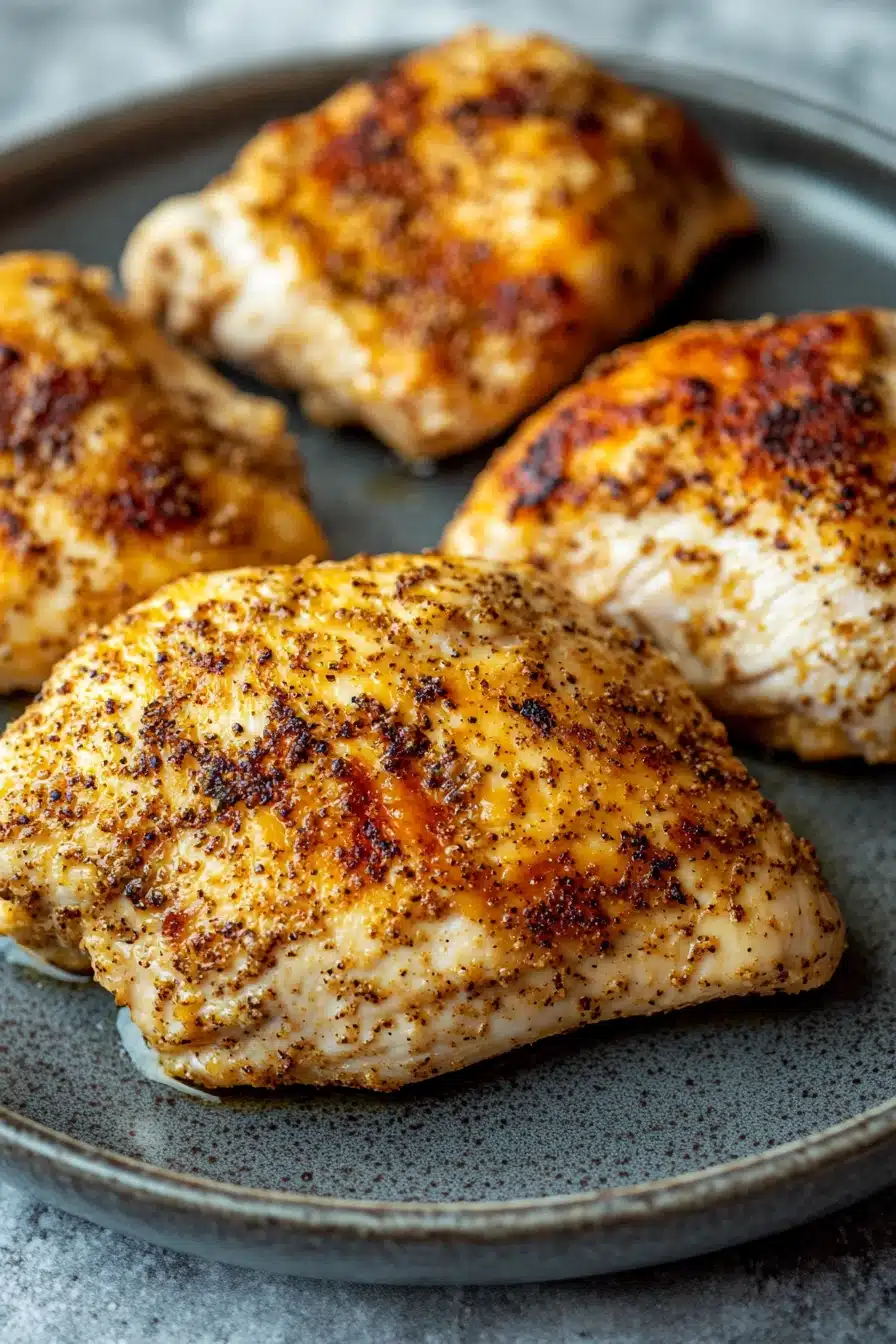 Close-up of chicken breast in a creamy sauce with herbs, perfect for crockpot cooking.