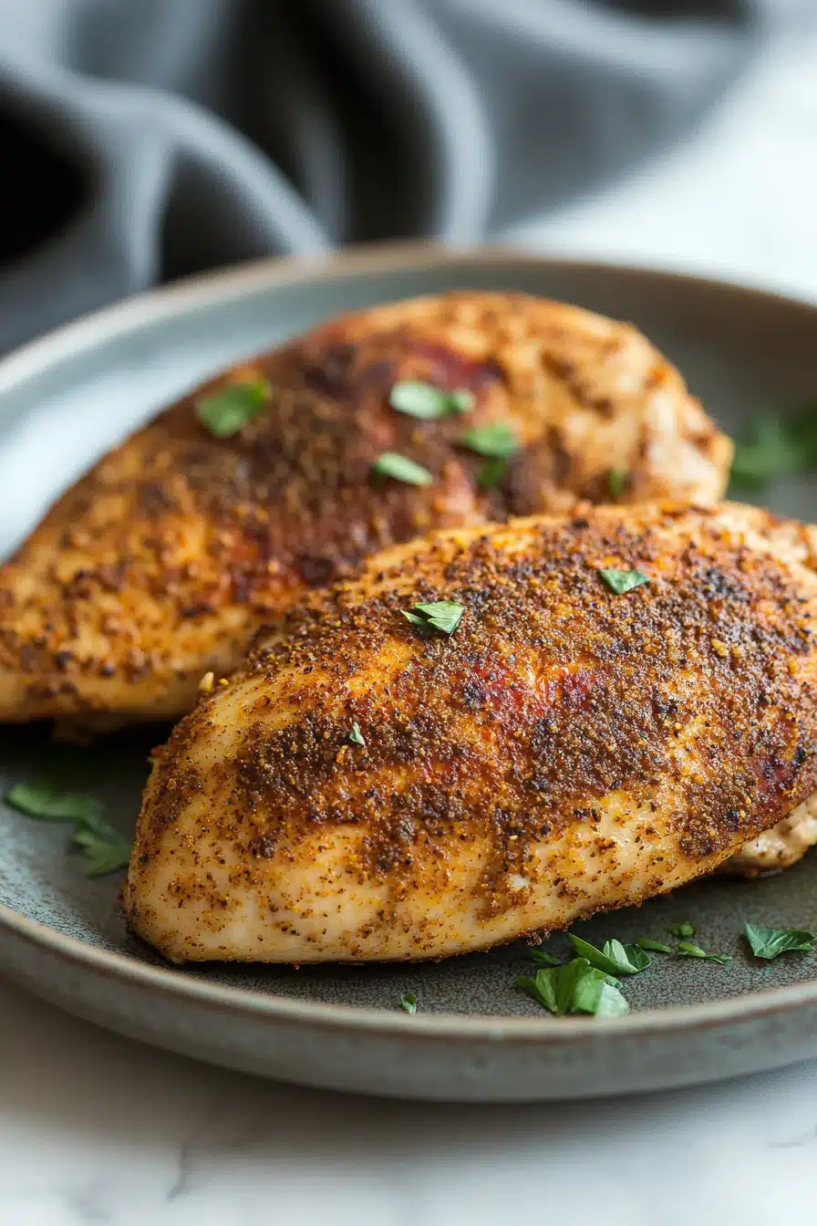 Close-up of chicken breast in creamy sauce with herbs in a crockpot