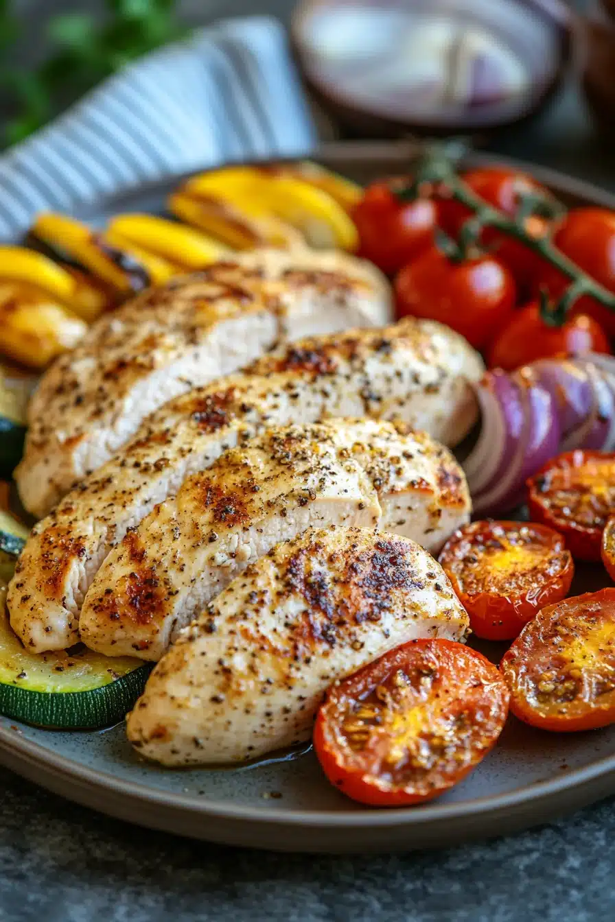 Close-up of chicken breast with creamy sauce on a sheet pan