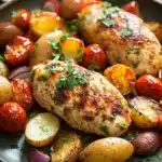 Close-up of roasted chicken breast on a sheet pan with herbs and vegetables.