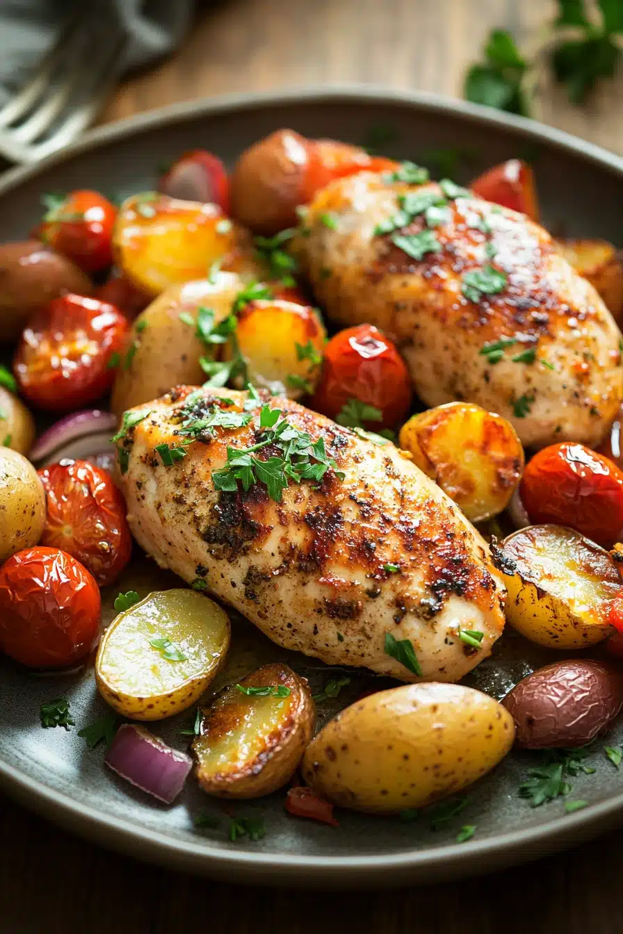 Close-up of roasted chicken breast on a sheet pan with herbs and vegetables.