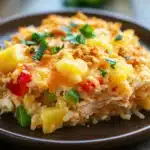 Close-up of chicken rice pineapple casserole with golden crust and herbs
