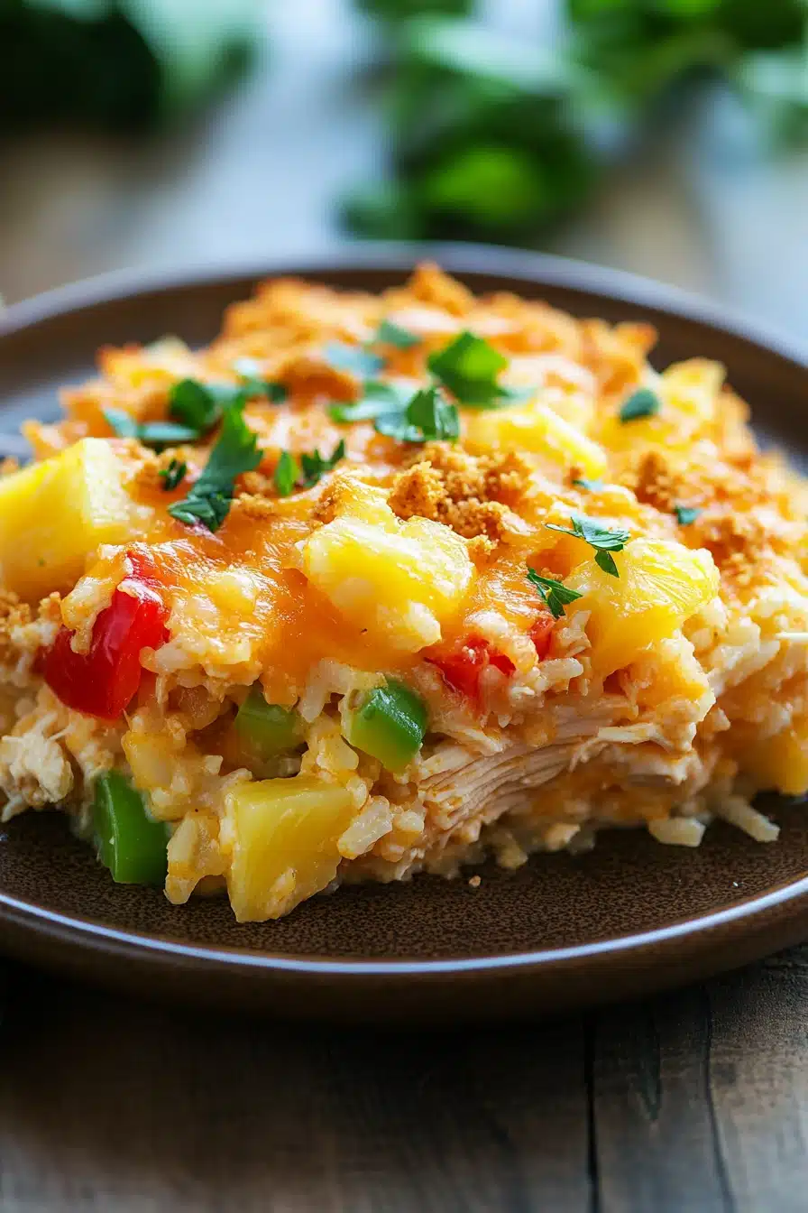 Close-up of chicken rice pineapple casserole with golden crust and herbs