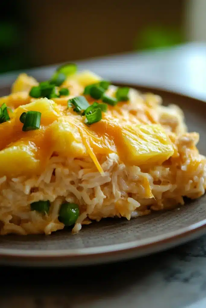 Close-up of a chicken rice pineapple casserole with a golden crust and fresh herbs.