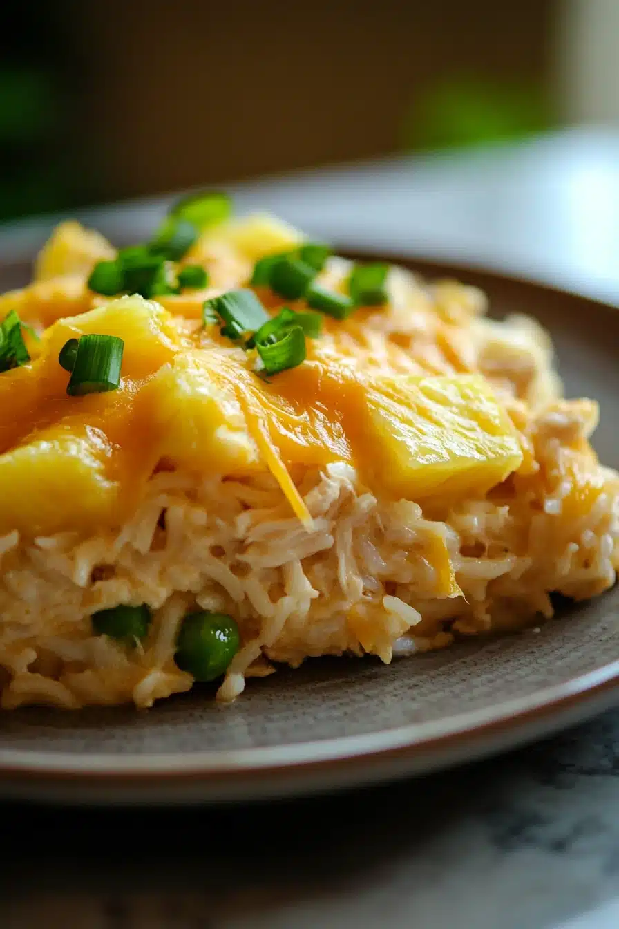 Close-up of a chicken rice pineapple casserole with a golden crust and fresh herbs.