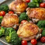 Close-up of a chicken sheet pan dinner with vegetables, perfect for a keto meal.