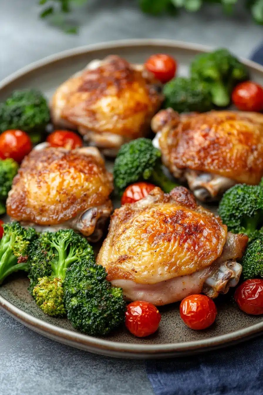 Close-up of a chicken sheet pan dinner with vegetables, perfect for a keto meal.