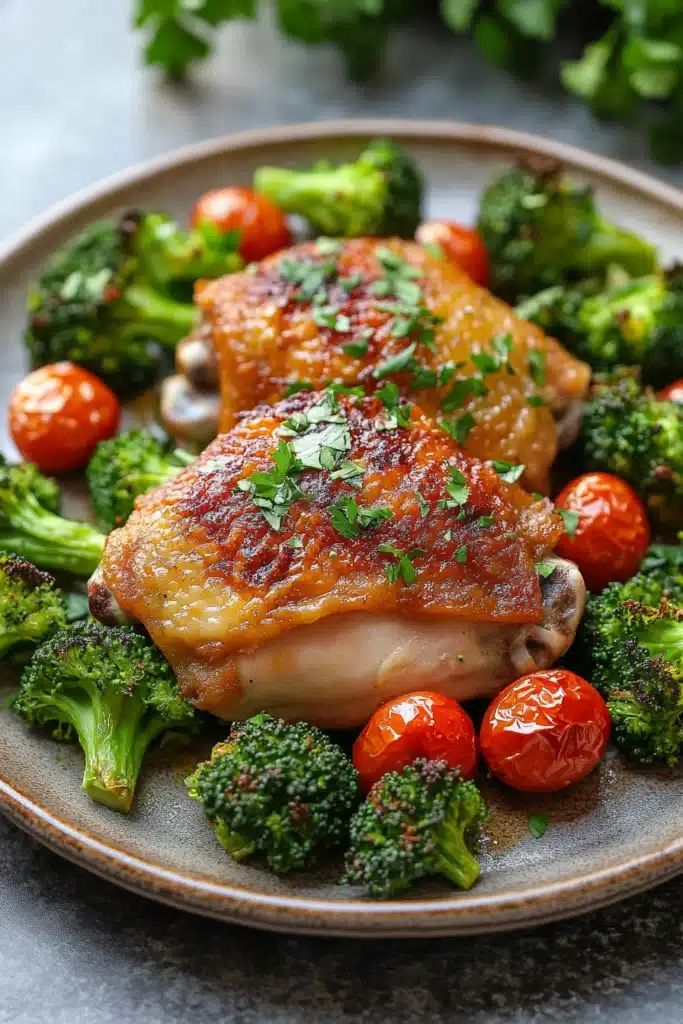 Close-up of a delicious chicken sheet pan dinner with vegetables, perfect for a keto diet.