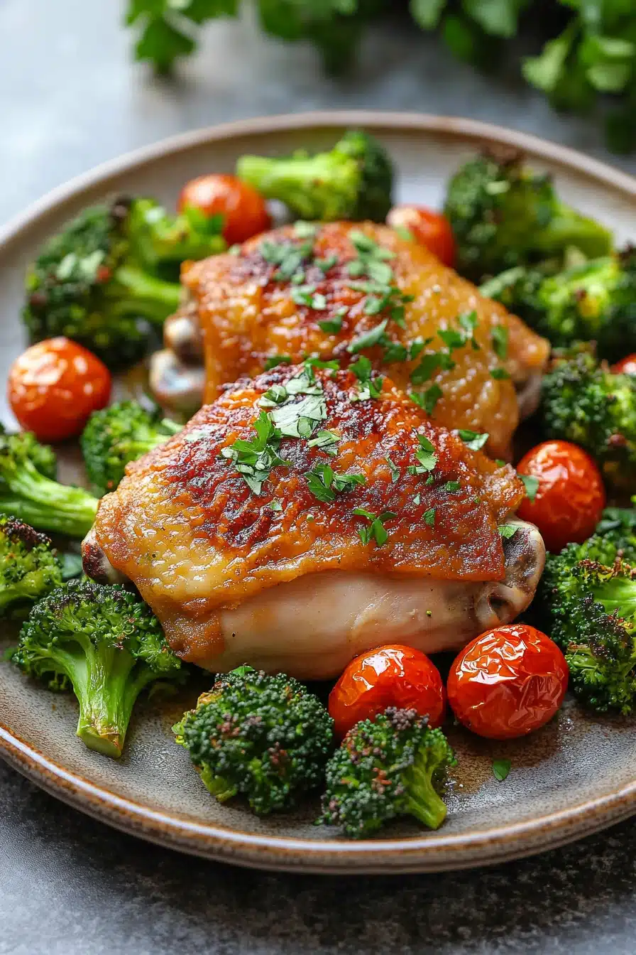 Close-up of a delicious chicken sheet pan dinner with vegetables, perfect for a keto diet.