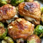 Close-up of a chicken sheet pan dinner with brussel sprouts, roasted to perfection.