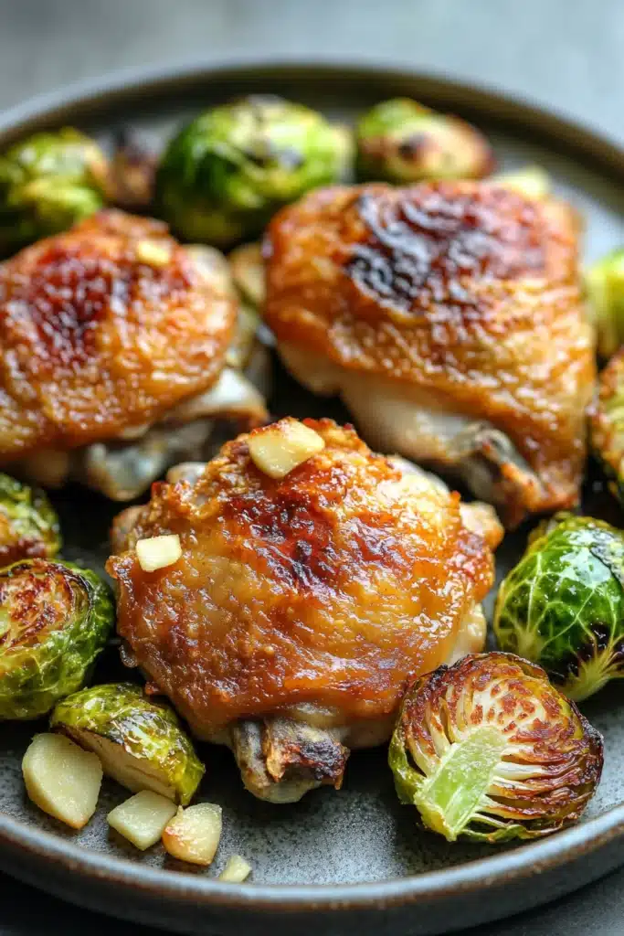 Close-up of a chicken sheet pan dinner with brussel sprouts, roasted to perfection.
