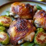Close-up of a chicken sheet pan dinner with brussel sprouts, bright and appetizing.