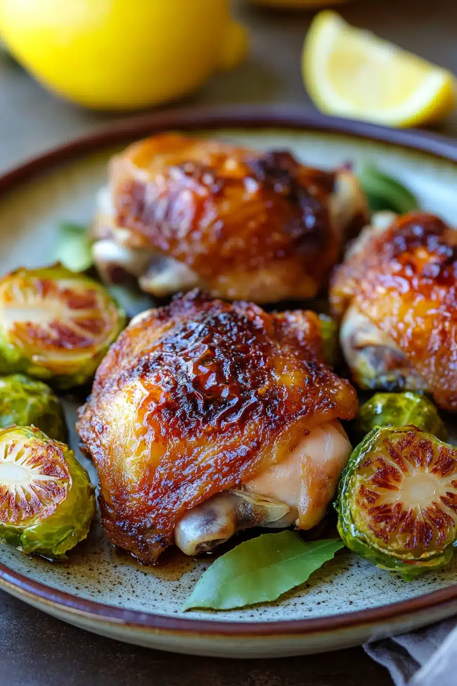 Close-up of a chicken sheet pan dinner with brussel sprouts, bright and appetizing.