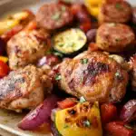 Close-up of a chicken thigh and sausage sheet pan dinner with roasted vegetables