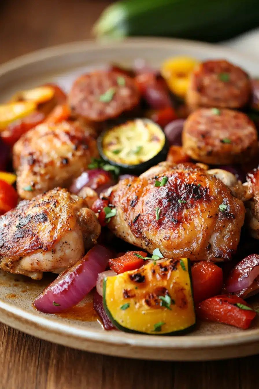 Close-up of a chicken thigh and sausage sheet pan dinner with roasted vegetables