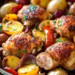 Close-up of a chicken thigh and sausage sheet pan dinner with roasted vegetables