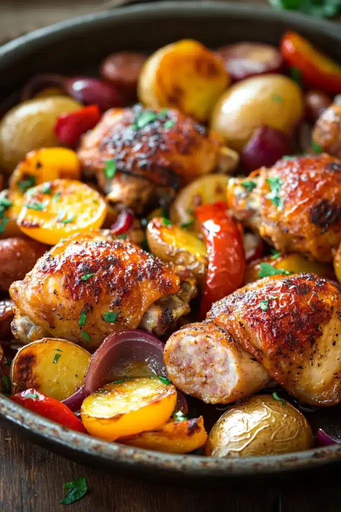 Close-up of a chicken thigh and sausage sheet pan dinner with roasted vegetables