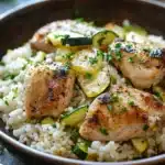 Close-up of a one-pot chicken zucchini rice dish with vibrant colors and textures.
