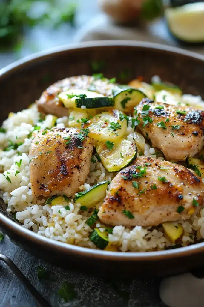 Close-up of a one-pot chicken zucchini rice dish with vibrant colors and textures.