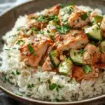 Close-up of chicken, zucchini, and rice in a one-pot dish with bright, natural lighting.