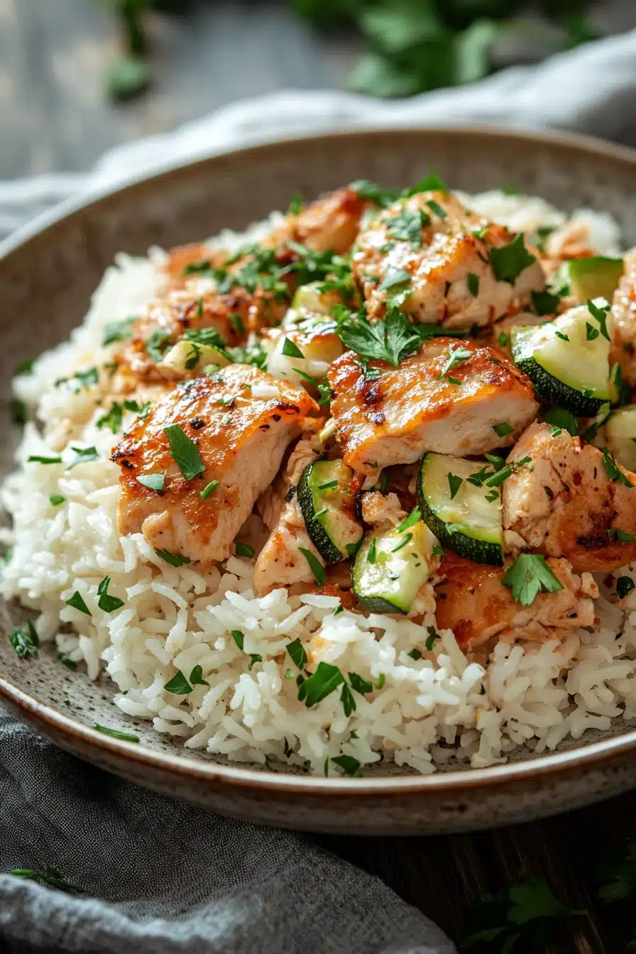 Close-up of chicken, zucchini, and rice in a one-pot dish with bright, natural lighting.