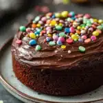 Close-up of a delicious chocolate cake with rich frosting, perfect for Easter celebrations.