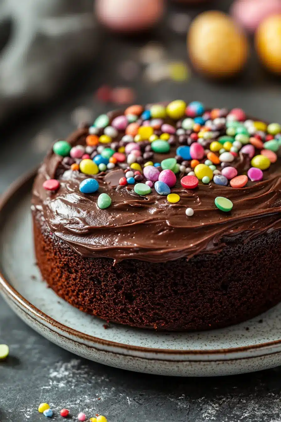 Close-up of a delicious chocolate cake with rich frosting, perfect for Easter celebrations.