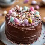 Close-up of a chocolate cake with rich texture and smooth frosting, perfect for Easter celebrations.