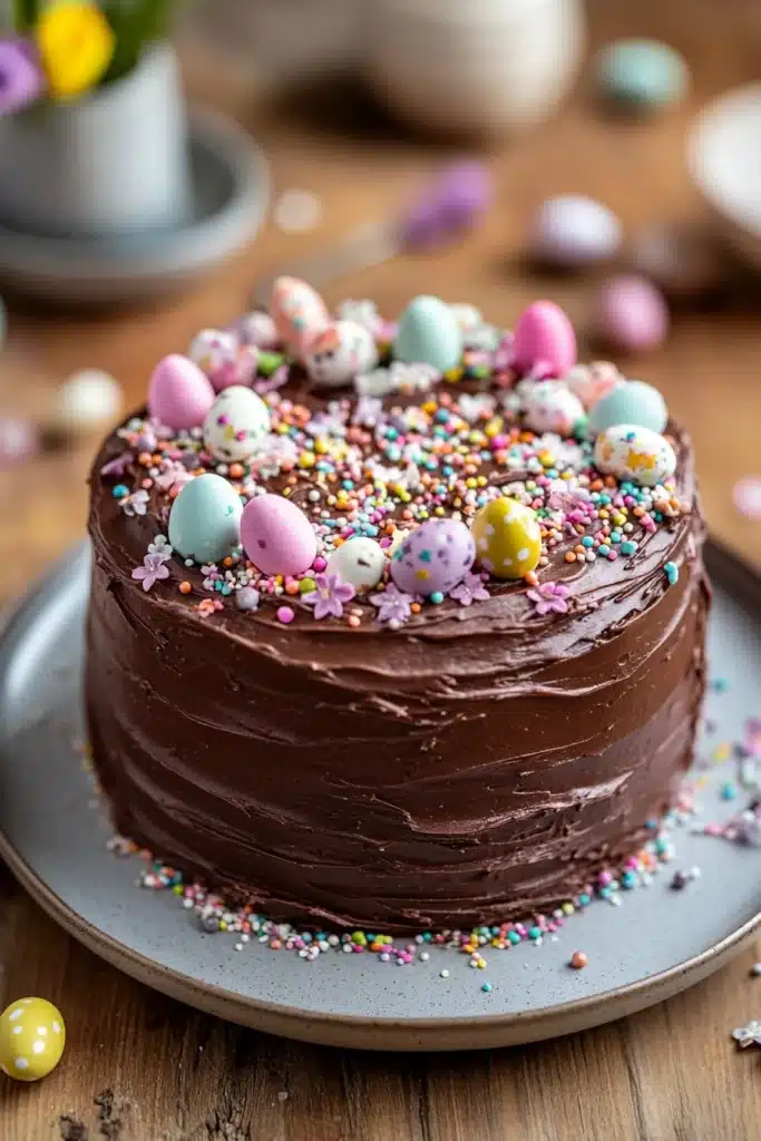 Close-up of a chocolate cake with rich texture and smooth frosting, perfect for Easter celebrations.