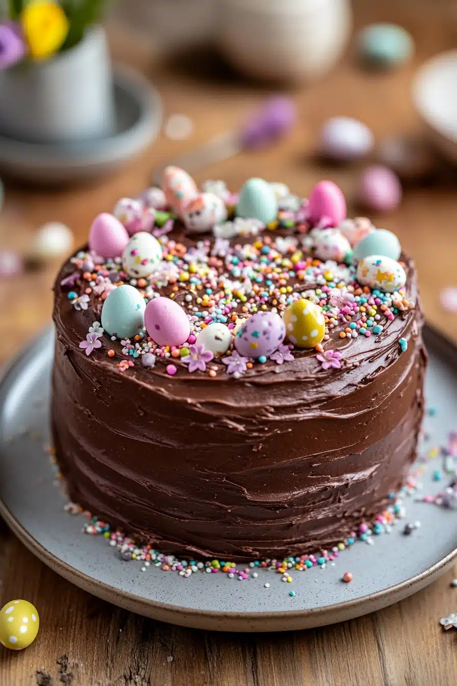 Close-up of a chocolate cake with rich texture and smooth frosting, perfect for Easter celebrations.