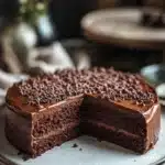 Close-up of a rich chocolate cake with a glossy finish, perfect for chocolate cake hacks.