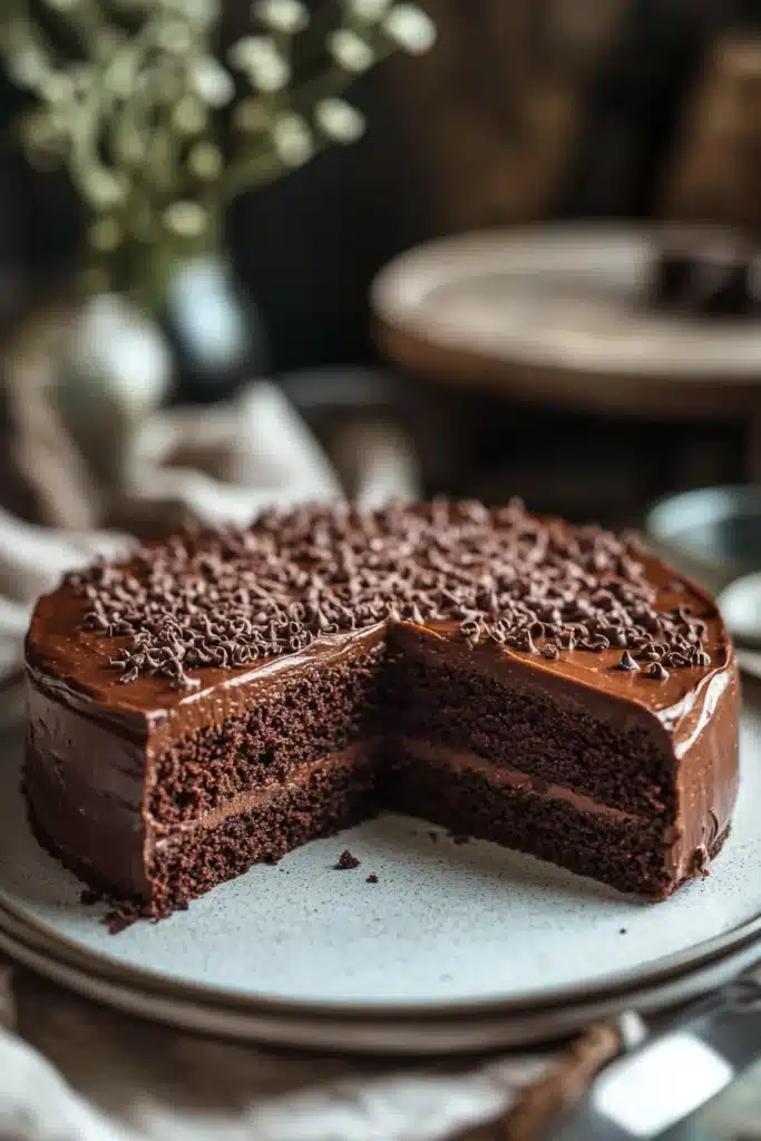 Close-up of a rich chocolate cake with a glossy finish, perfect for chocolate cake hacks.