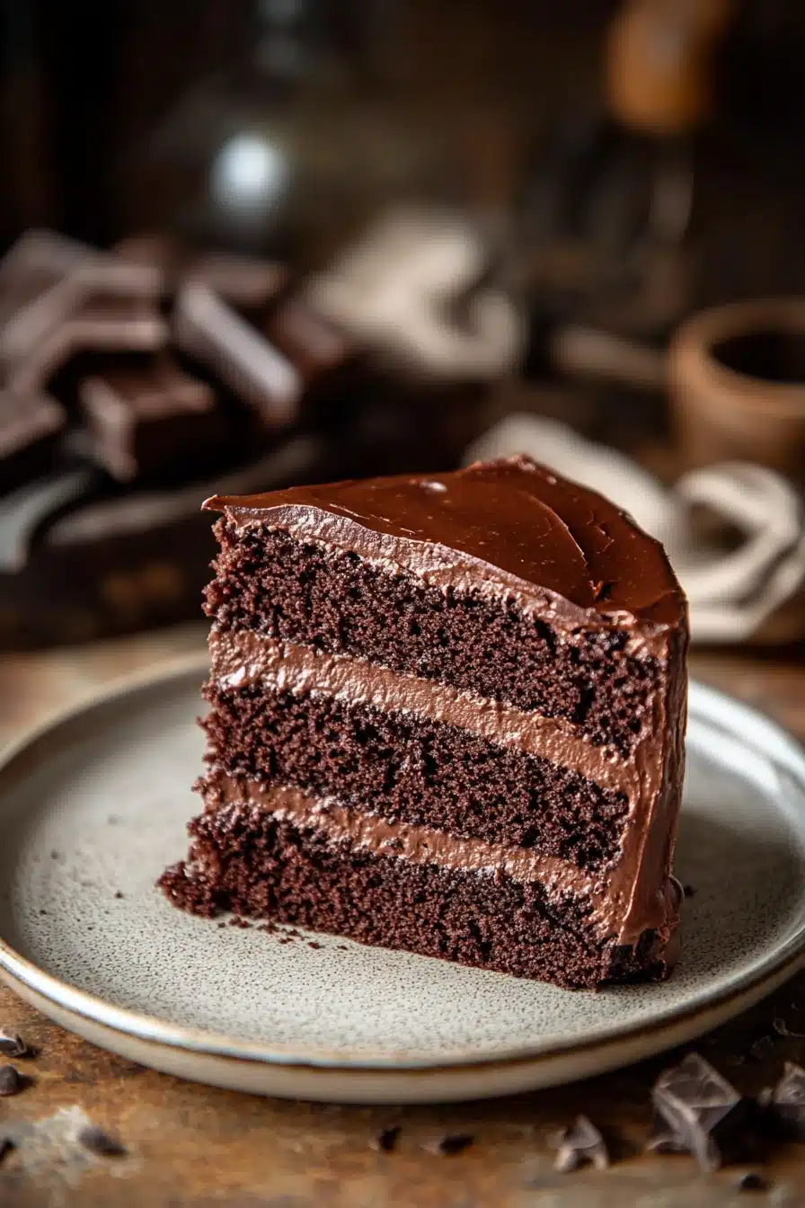 Close-up of a rich chocolate cake with glossy frosting and a clean background
