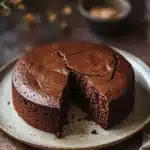 Close-up of a chocolate cake with low sugar, topped with a glossy chocolate glaze.
