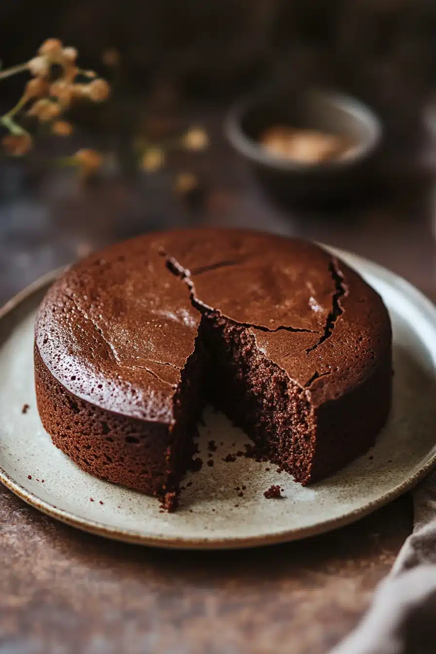 Close-up of a chocolate cake with low sugar, topped with a glossy chocolate glaze.