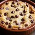 Close-up of a chocolate chip cookie casserole with melted chocolate chips and golden crust.