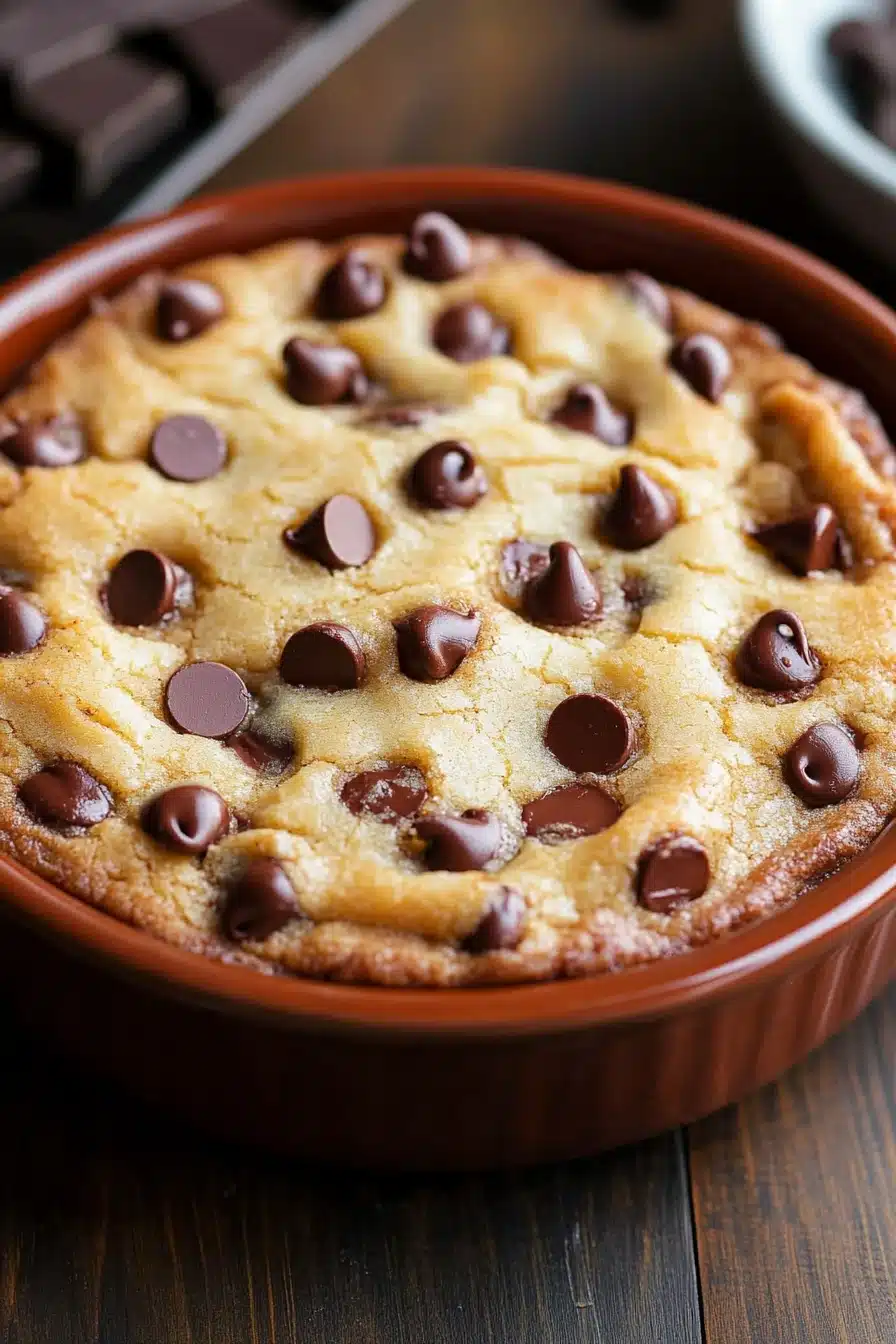 Close-up of a chocolate chip cookie casserole with melted chocolate chips and golden crust.