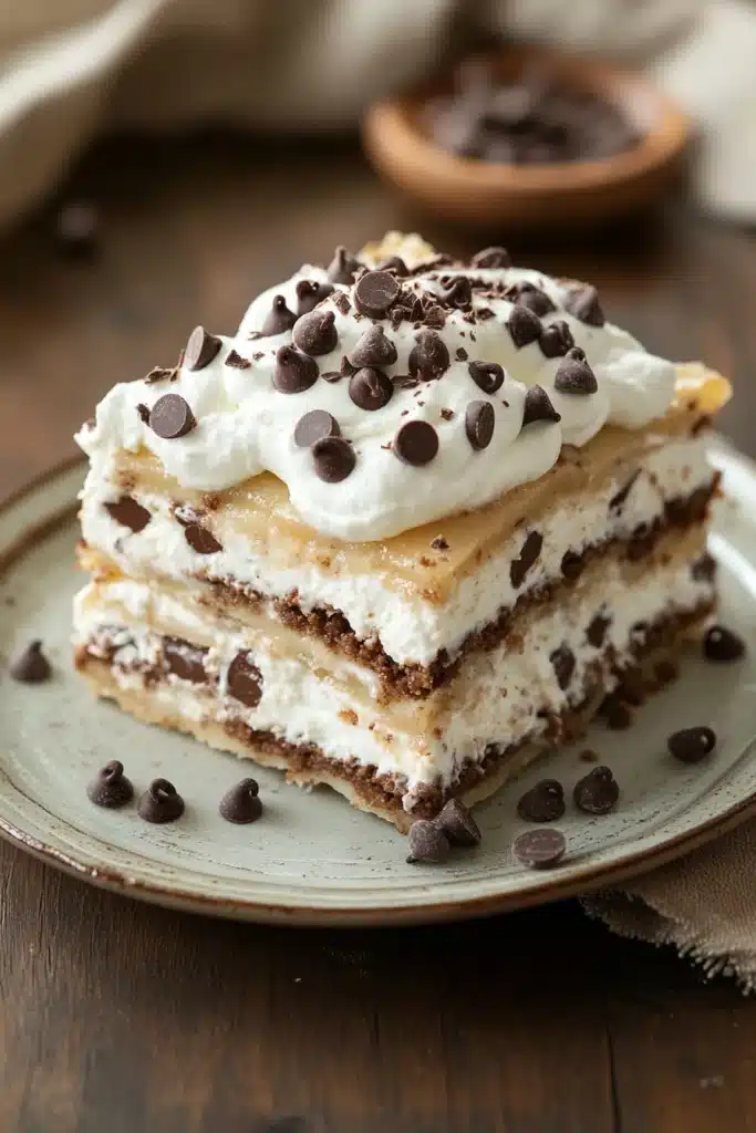 Close-up of chocolate chip cookie lasagna with layers of cookies and cream.
