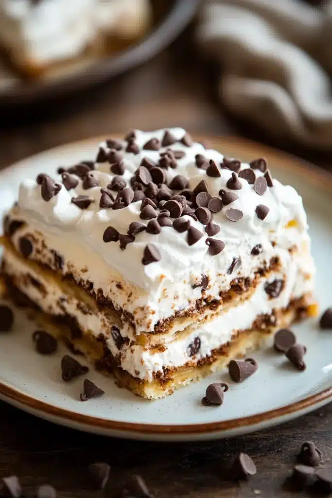 Close-up of a chocolate chip cookie lasagna with layers of cookies and cream.