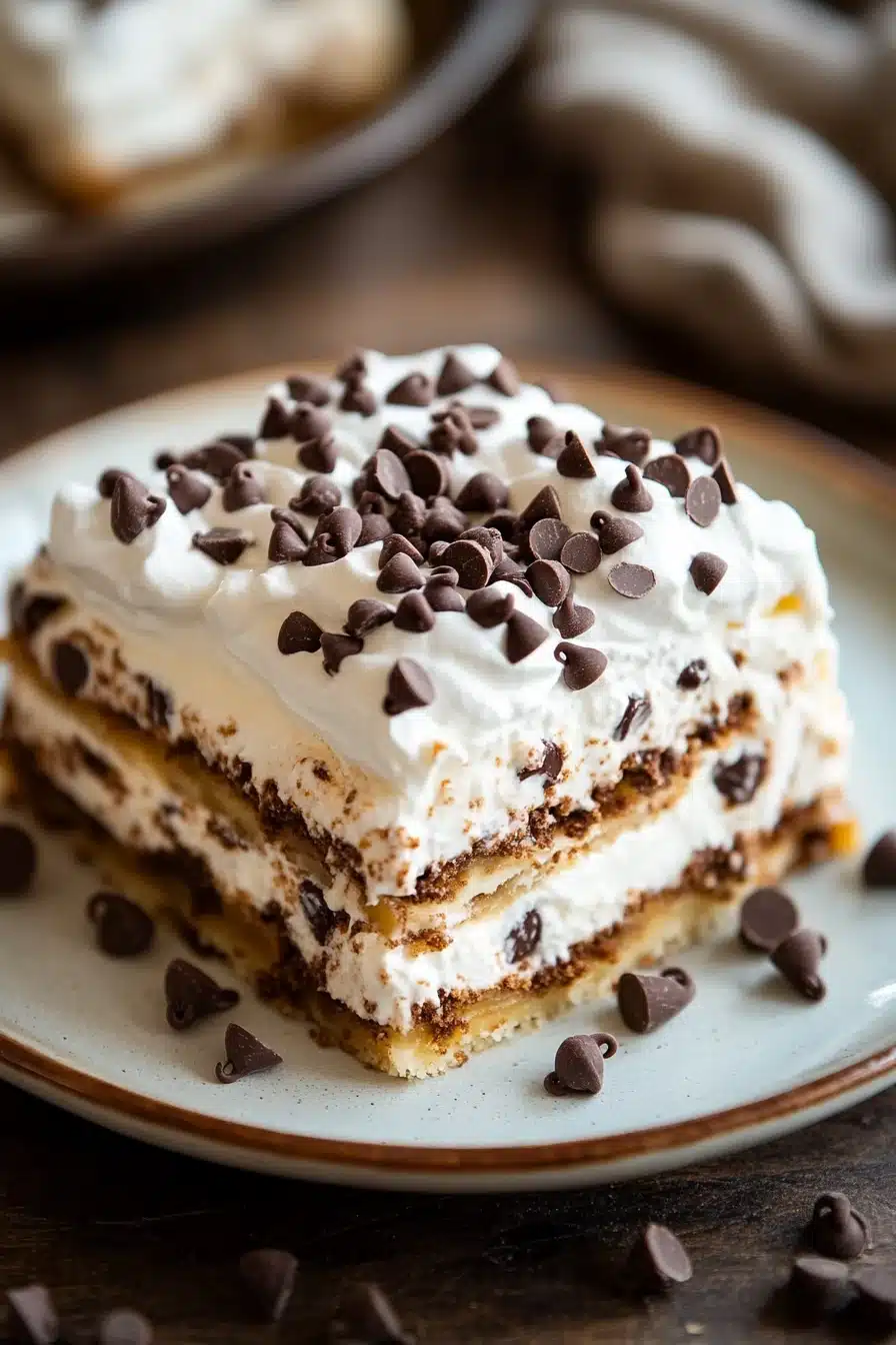 Close-up of a chocolate chip cookie lasagna with layers of cookies and cream.