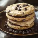 Close-up of a chocolate chip cookie sandwich with visible chocolate chips and creamy filling.
