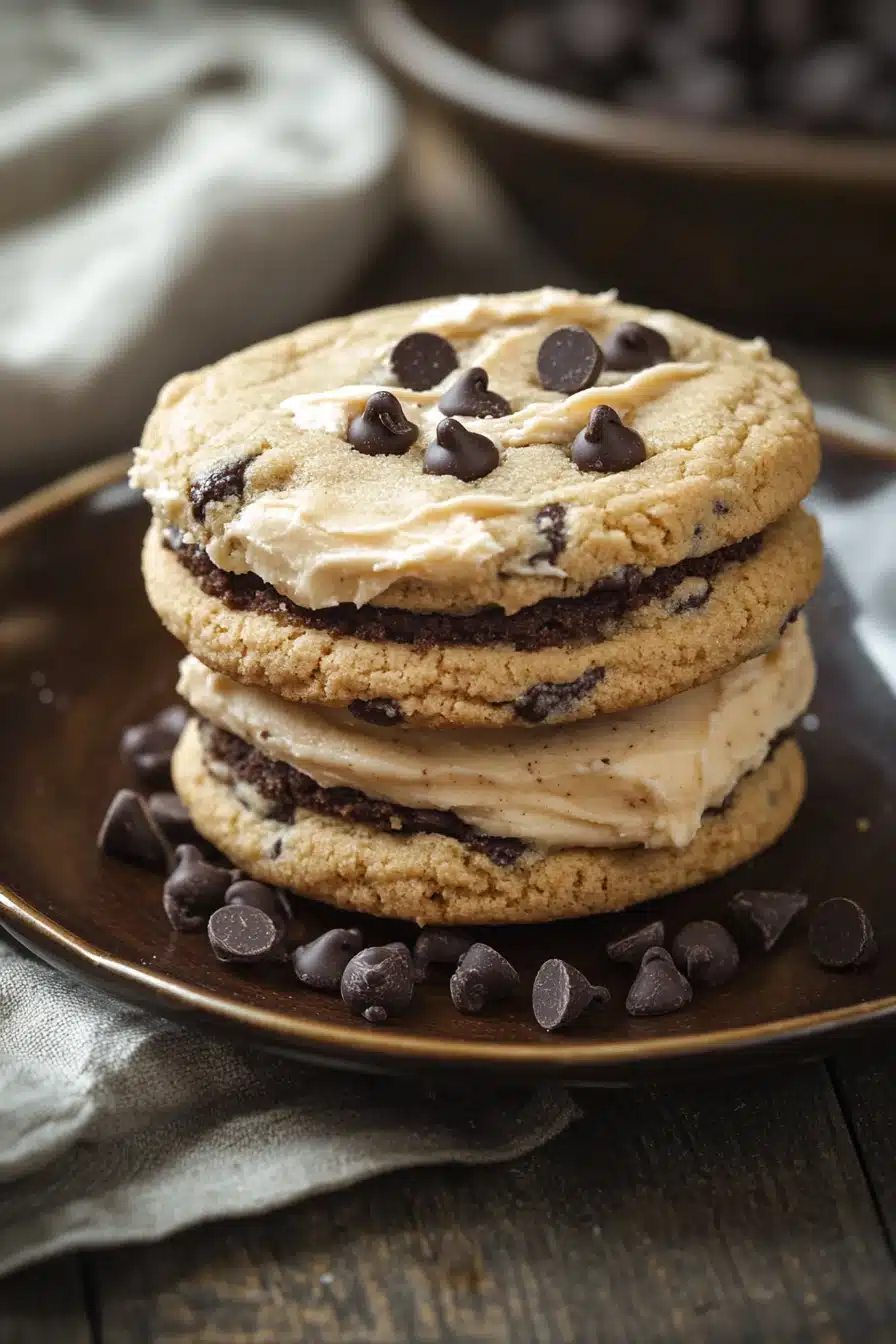 Close-up of a chocolate chip cookie sandwich with visible chocolate chips and creamy filling.